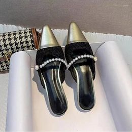 Slippers French Style Pearl Wrapped Half For Women Wearing Fashion Thick Heels Fairy Pointed Sandals And