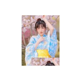 Ethnic Clothing Asian Fashion Women Blue Kimono Cardigan Autumn Formal Dress Cherry Blossom Po Sweet Japanese Style Literary Retro Dro Dh6E1