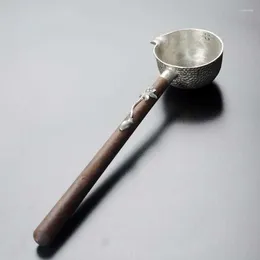 Tea Scoops Spoon Pure Tin Boiled Dispenser Black Sandalwood Handle Hammer Mesh Pattern Side Accessories ZD784