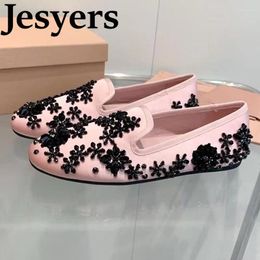 Casual Shoes Spring Summer Silk Satin Flat Women Crystal Beaded Flower Decorative Versatile Loafers Comfortable Vacation Walking