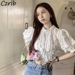 Women's Blouses Vintage Folds Women Solid Sweet French Style Puff Sleeve Chic Slim Female Fashion Summer Casual Temperament Crop Top