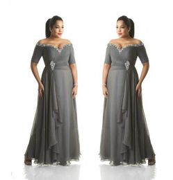 Grey Chiffon Mother of the Bride Dresses Plus Size Off the Shoulder Cheap Prom Party Gowns Long Mother Groom Dresses Wear9199419