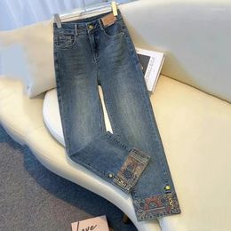 Women's Jeans Chinese Patchwork Smoke Pipe Women Spring Autumn Rolled Edge Nine Straight Leg Pants Female Casual Cowboy Blue