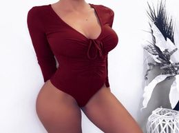 Womens Sexy Club Bodycon Bodysuits For Girls White Deep Vneck High Waist Full Sleeve Lace Up Triangle Jumpsuits Teddies3253859