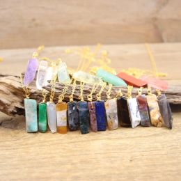 Gold Chains Wire Wrapped Raw Stone Silce Slab Pendants,Healing Crystal Reiki Natural Quartz Gems Necklace Women Jewelry,QC3291