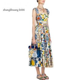 Runway Summer Fashion 2024 Dress Women's Red Rose Vacation Vestidos Long Bow Spaghetti Strap Blue White Porcelain Floral Lj200812