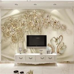 Wallpapers Papel De Parede 3D Custom Wallpaper Fashion Gold Jewelry Flower Swan Silk Luxury Living Room TV Background Wall Home Decor Mural