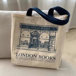 Women Canvas Shoulder Bag London Books Print Ladies Casual Handbag Tote Bag Reusable Large Capacity Cotton Shopping Beach Bag 240402