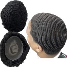 Brazilian Virgin Human Hair Replacement #1 Jet Black 8mm Wave Full Knots PU Toupee 8x10 Skin Unit for Black Men