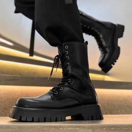 Boots Men Mid Calf Motorcycle Boots Punk Fashion Male Lace Up Platform Boots Side Zipper Fashion Streetwear Botas Zapatos