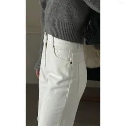 Women's Pants Brand Women Solid White Cotton Denim Jeans For Autumn Winter 2024 Simple Straight Leg Barrel High Waist Long Casual Trousers