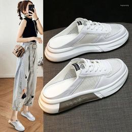 Dress Shoes All-Match Ladies Baotou Hollow Flat Sandals Female Students One Pedal Light Non-Slip Small White Women Half Slippers