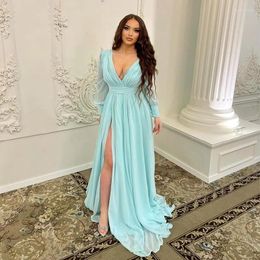 Party Dresses V-Neck Long Sleeve Pleats Slit Zipper A-Line Chiffon Sweep Train Formal Evening Dress Vestido De Noche