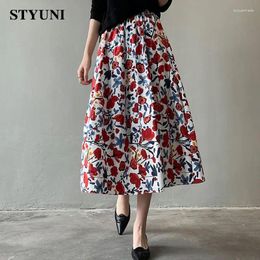 Skirts Floral Print Kawaii Cotton Women's Skirt 2024 Summer Elastic High Waist Korean Fashion A-line Mid-calf Long For Women