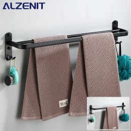 Matte Black Towel Bar 40-60CM Double Rail With Hook Wall Mount Rod Shelf Aluminium Shower Rack Hanger Bathroom Holder Accessories