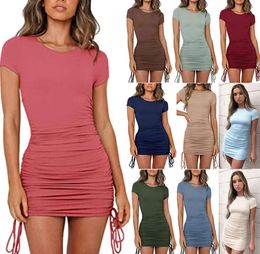 Cotton Ruched Drawstring Sexy Party Dress Women Short Sleeve Elastic Mini Dresses Vintage Bodycon Club Wear Vestidos552