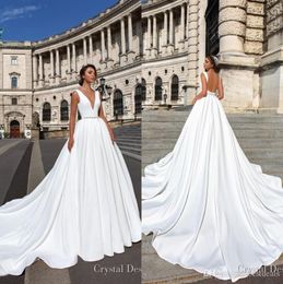 New Designer Backless Wedding Dresses Cheap Elegant Deep V Neck Sweep Train Satin Wedding Dress with Beaded Sash Custom Made Brida2614157