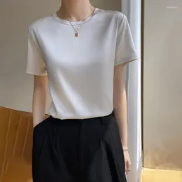 Women's T Shirts High Quality Satin Summer Short Sleeved T-shirt Suitable For Loose Nound Necked Mulberry Silk T-Shirts Paired With Suit