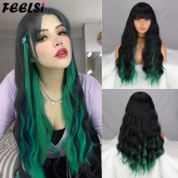 Wigs Black Green Ombre Light Blonde Long Wavy Wig Have Bangs Wave Heat Synthetic Fiber Natural Heat Resistance For Women Daily Wear