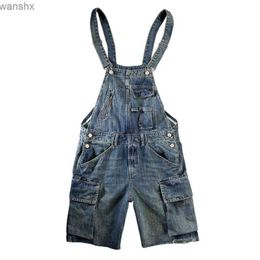 Men's Shorts Mens denim bib top summer multi pocket cargo jeans casual distressed edge loose work suit jumpsuitL2404