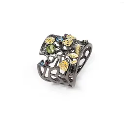 Cluster Rings Handmade Natural Peridot Hollowed Flowers 925 Sterling Silver Wedding For Women