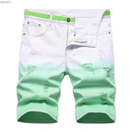 Men's Shorts 2024 Summer New Mens Denim Shorts Fashionable Pattern Gradient Jeans High Quality Elastic Tear Slim Fit Straight Denim ShortsL2404