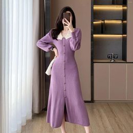 Casual Dresses 2024 Spring Fall High Quality Purple Knitted Dress Women Elegant Luxury White Lapel Long-sleeved Single-breasted Long