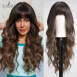 Wigs Ombre Brown Long Curly Wave Synthetic Wigs with Bangs Deep Wave Daily Hair Wigs for Women Natural Heat Resistant Copslay Party