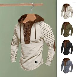 Men's Hoodies Men Hooded Sweatshirt Patchwork Hoodie Vintage Lace-up Drawstring With Pleated Shoulders Soft Stretchy Breathable
