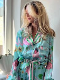 Home Clothing Ins Design Satin Ice Silk Flamingo Pajamas Women's Spring Summer Long Sleeves Pants Suit Plant Flowers Sleepwear Female