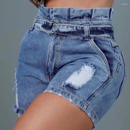 Women's Jeans Wepbel Short Stitching Lace-up Ripped Belted Tight Denim Shorts Summer Paper Bag Waist Ruffled