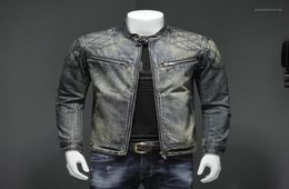 Men039s Blue Denim Vintage Classic Biker Motorcycle Jacket Stand Collar Retro Slim Fit Distressed Racer Jeans Coat Drop Jackets8005567