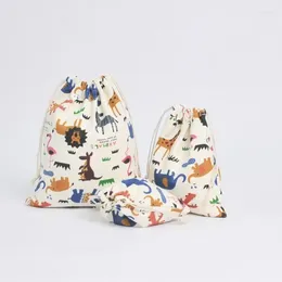 Storage Bags Small Bag Canvas Bundle Pocket Drawstring Tea Gift Zoo Print