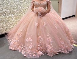 2022 Romantic Blush 3d Flowers Ball Gown Quinceanera Prom Dresses with Cape Wrap Caftan Beaded Lace Long Sweet 16 Dress Vestidos 12188278