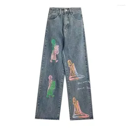 Women's Jeans American High Street Old Washed Spring And Summer Cartoon Pattern Waist Straight Pants Wide Leg Mopping