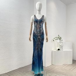 Casual Dresses 2024 Summer Women Vintage Navy Blue Peacock Print Sleeveless Diamonds Pressed Vest Side Slit Silk Maxi Dress