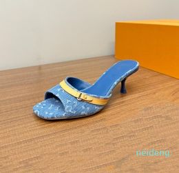 Designer -Classic Made Women's Sandals and Slippers Flat Bottom Low Heel 1cm Denim Leather Fabric with Printed Leather Sole