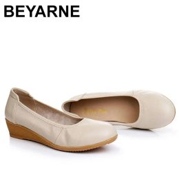 Pumps BEYARNE Cow leather wedges shoes women slip on round toe ladies high heel pumps party comfort office lady work wedding shoes