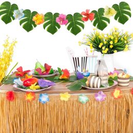 Hawaiian Tropical Party Decorations 275x75CM Hawaiian Luau Grass Table Skirt Palm Leaves Hibiscus Flowers for Wedding Birthday 240328