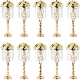 Vases 55cm Gold Vase For Wedding Metal Flower Stand Centerpieces Table Decorations With Chandelier Crystals