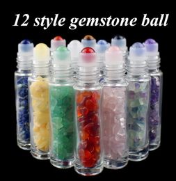 12 pcs Natural Gemstone Essential Oil Roller Ball Bottles Clear Perfumes Oil Liquids Roll On Bottles with Crystal Chips 10ml8867222