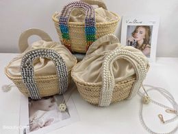 2023 Grass Woven Bag Makeup Bag Round Khaki Style Zipper Knitted Soft Handle Medium Solid Lafite Grass 240402