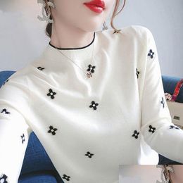 Womens Sweaters Delicate Embroidered Sweater Woman Autumn And Winter Slim Large Undershirt Students Han Version Of Long-Sleeved Drop D Dhvpg