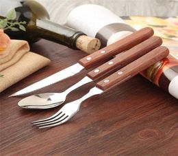 18pcslot Wood Handle Cutlery set Stainless steel Creative Japanese Dinnerware Steak Knife Fork Spoon Kitchen Tableware Japan X0702165864