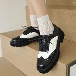 Dress Shoes Black And White Color Matching Platform Chunky Heel Oxfords Square Toe Lace Up Woman All-Match Non Slip For Lady