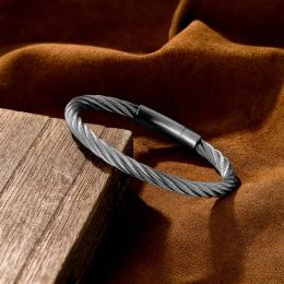 MKENDN Punk Simple Men Jewellery Non-fading Steel Wire rope Bracelet Vintage Cuff Charm Bracelet for Men Jewellery Street Gifts