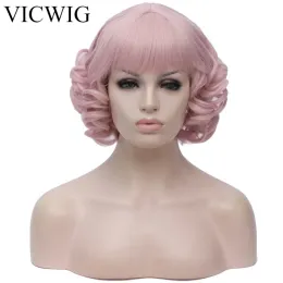 Wigs VICWIG Short Curly Wigs With Bangs Pink Black Grey Synthetic Cosplay Wig for Women HeatResistant