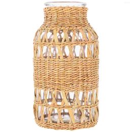 Vases Rattan Glass Vase Woven Flowerpot Plants Rustic Decor Decorate Fall Simple Table Desktop