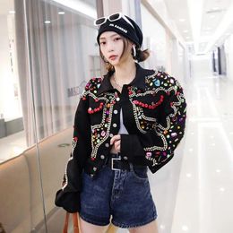 Women's Jackets Diamonds Beaded Denim Jacket Women Rhinestones Sequins Jeans Coat 2024 Autumn Short Crystal Rivets Cardigan Girl Streetwear