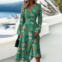 Casual Dresses Spring Long Sleeve Hem 2024 Autumn Floral Print V-Neck Vintage Dress Female Women Waist A-line